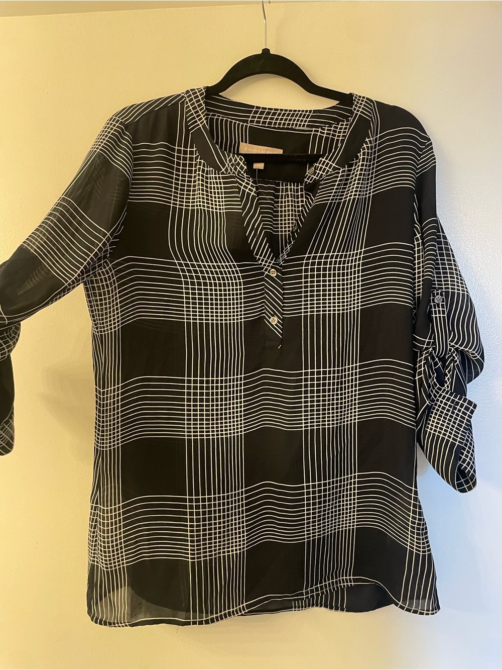 Banana Republic Black & White Plaid Button-Notch Blouse